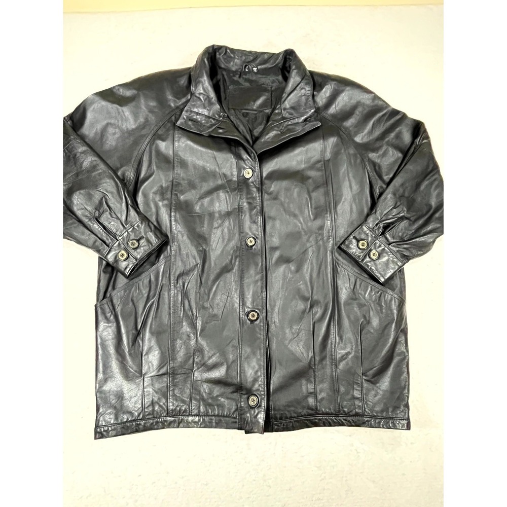 Jacqueline Ferrar Genuine Leather Jacket Womens Large Black Button Front Outdoor